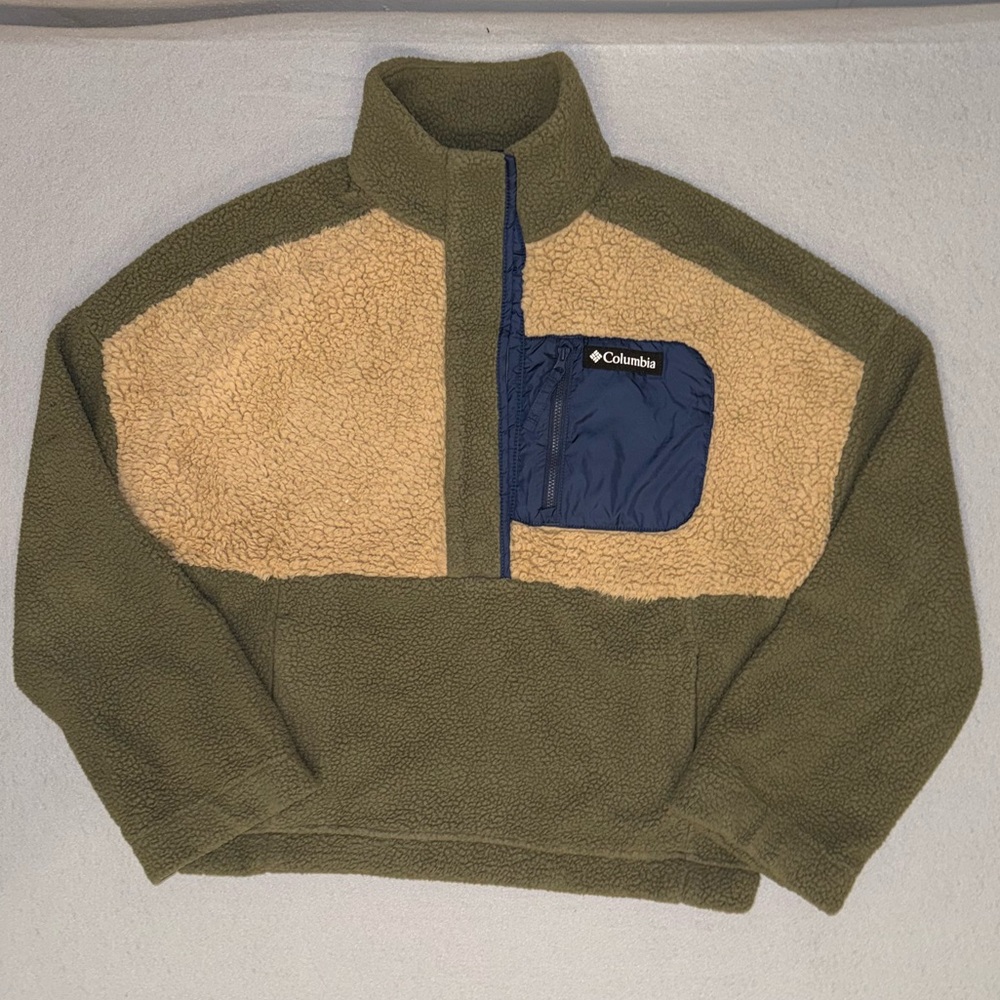 Columbia Men's Green and Beige Fleece Zip-Up Sweater